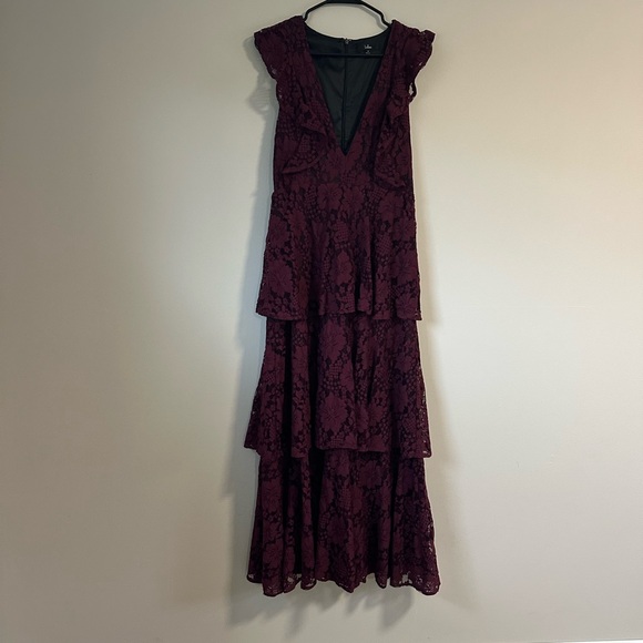 Lulu’s Burgundy Lace Ruffled Maxi - Picture 2 of 5